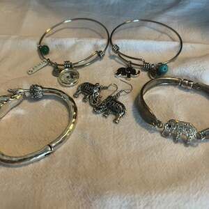 Silver Tone Elephant Jewelry Lot - Bangle Bracelets and Dangle Earrings Set